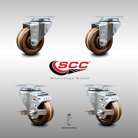 Service Caster 3 Inch SS High Temp Phenolic Swivel Top Plate Caster Set with 2 Brakes SCC SCC-SS20S314-PHSHT-2-TLB-2